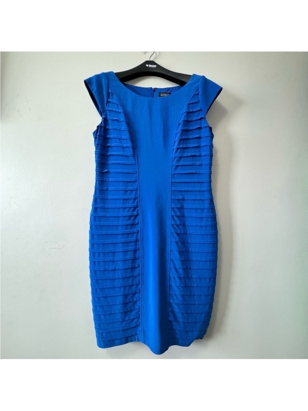 Adrianna Papell Blue Ribbed Ruffled Sheath Dress
